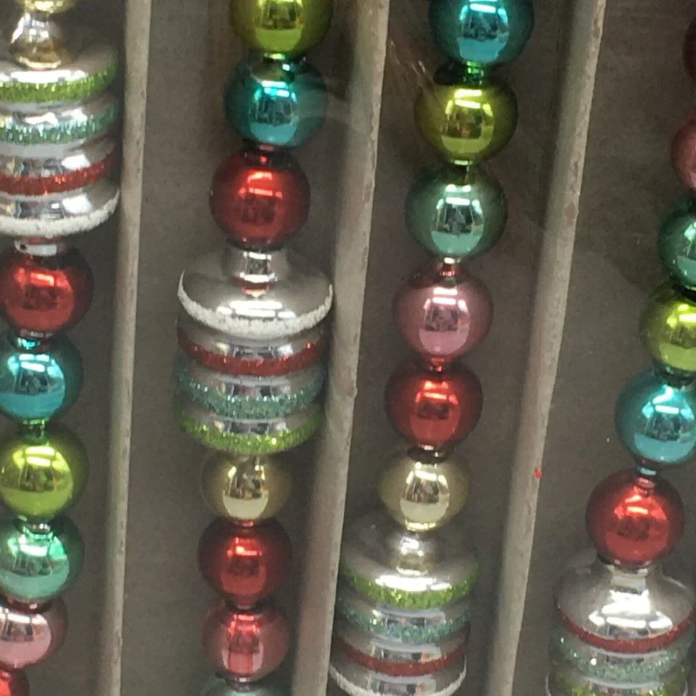 x2 Radko Shiny Brite Glass Christmas Tree Garland Figural Red Pink Aqua 7/14ft